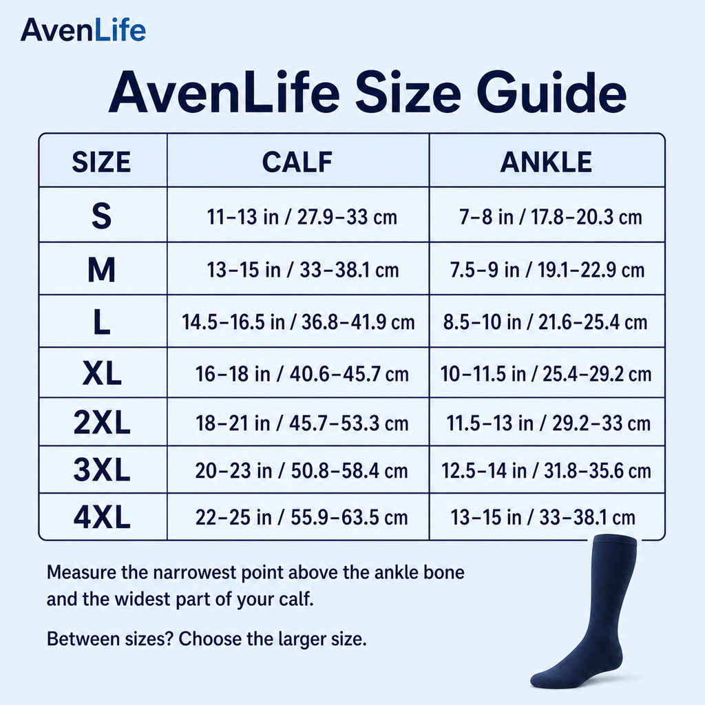 AvenLife bamboo compression socks complete size guide S to 4XL