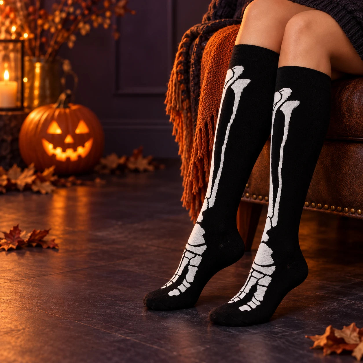 Black full-skeleton knee-high socks in an elegant Halloween setting