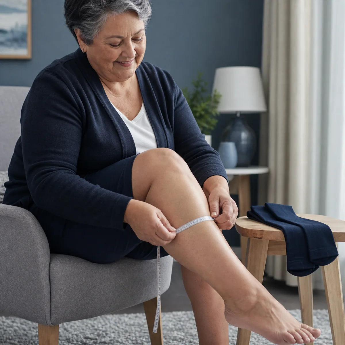 Older woman measuring the widest part of her calf before choosing a size