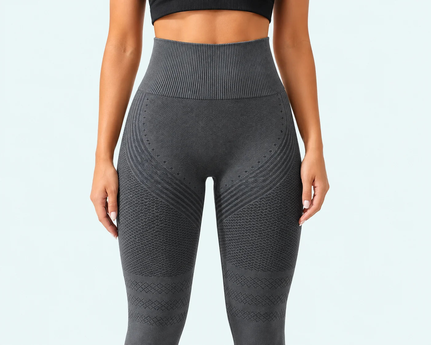Close view of the seamless contour lines and high waistband in Gray